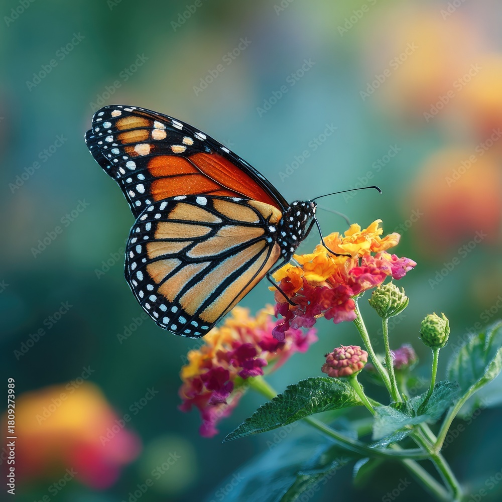 Fototapeta premium Monarch Butterfly Resting on Colorful Flowers in Natural Garden Setting