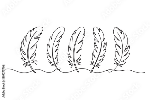 Minimal feather collection single line art illustration on white background
