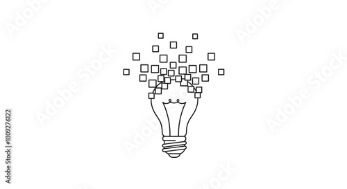 A minimalist line art illustration of a lightbulb with digital squares exploding from its top, symbolizing innovation and ideas.