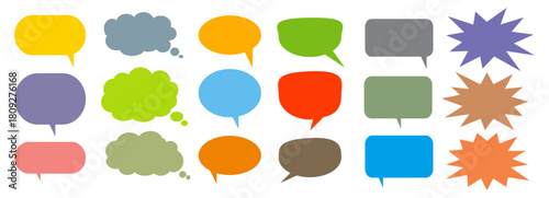 A simple design set of colorful message comment chat boxes. A collection of comic and social media speech bubbles, text boxes, and chat boxes. A vector set of comic and social media speech bubbles.