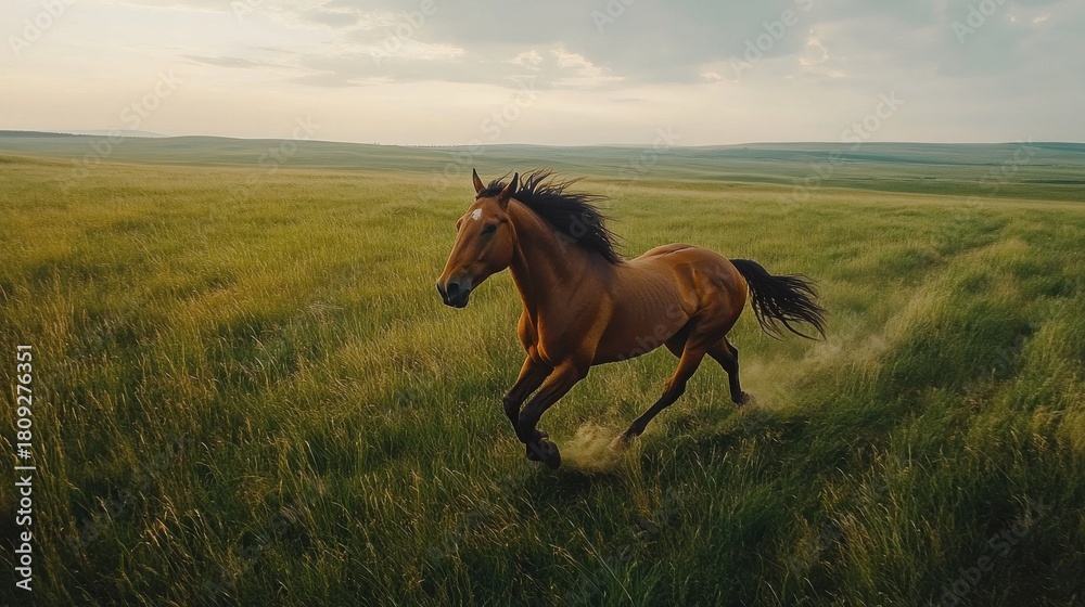 Obraz premium Horse galloping freely across green grassland 
