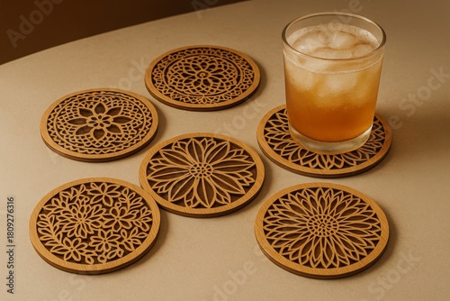 Glass of iced tea on wooden coasters with floral laser cut pattern, natural home decor and handmade eco design concept.