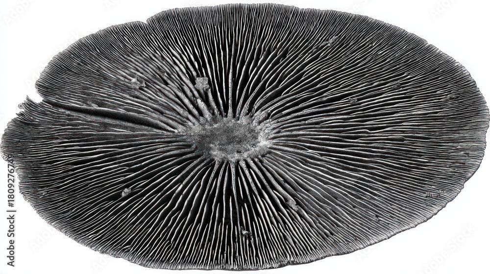 Fototapeta premium Underside of a mushroom cap with radiating gills against a stark white background
