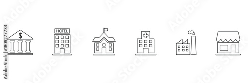 Building flat line icons. Flat vector icon set of residential buildings including bank, shop, hotel, school, hospital, factory. Vector illustration.