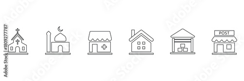 Building flat line icons. Flat vector icon set of residential buildings including church, mosque, pharmacy, house, warehouse, post office. Vector illustration.