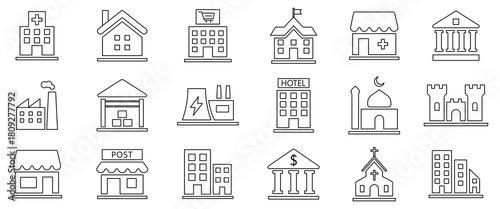 Building flat line icon set. Flat vector icon set of residential buildings including house, apartment, mosque, villa, mansion, museum, school, hospital and more icons. Vector illustration.