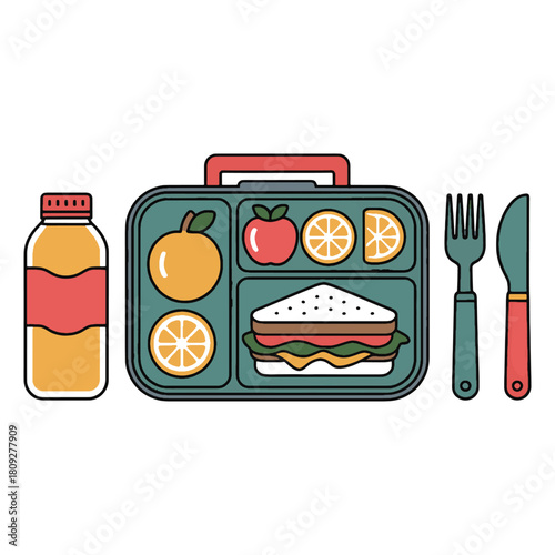 Flat illustration of a lunchbox with a sandwich fruit and drink with cutlery apple orange slices