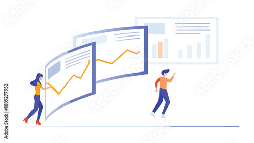 Abstract visualization of business analysts collaborating and tracking global data trends with diverse color elements and typography