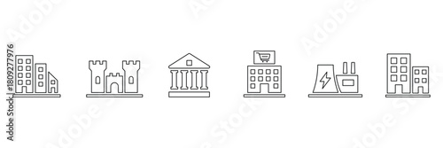Building flat line icons. Flat vector icon set of residential buildings including city, castle, museum, mall, power plant, office. Vector illustration.