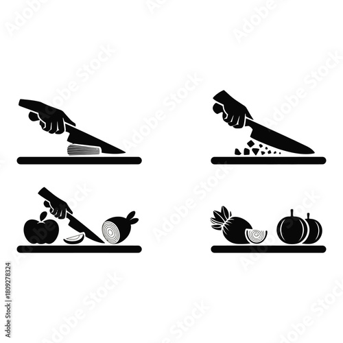 Four black silhouette icons of hands chopping vegetables and fruit on cutting boards slicing dicing