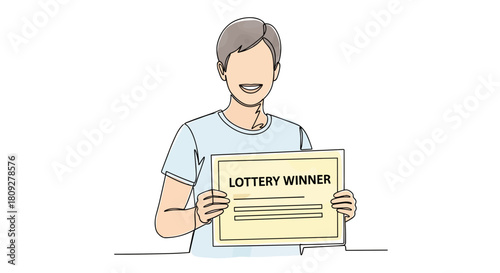 Happy man holding lottery winner sign lucky guy success concept one line minimalist illustration with watercolor fill, trendy vector svg