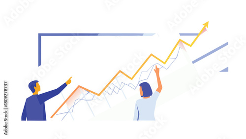 Diverse group of analysts collaborating and pointing at dynamic line graphs showcasing data analysis and financial trends in a modern business setting