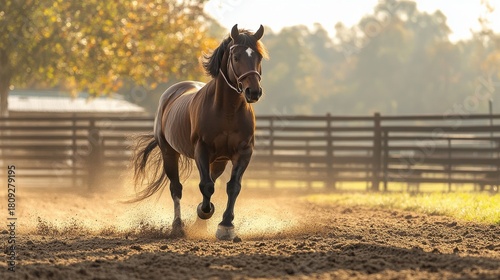 Man training his horse in fenced corral