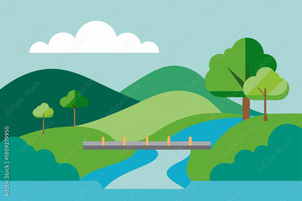 Obraz premium Vector illustration of a green summer mountain landscape with a river, trees, and hills under a sunny blue sky with clouds over a flowery meadow field