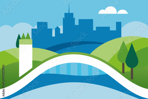 Vector illustration of a green eco city landscape featuring urban buildings and trees under a sunny sky to promote sustainable architecture and a clean environment