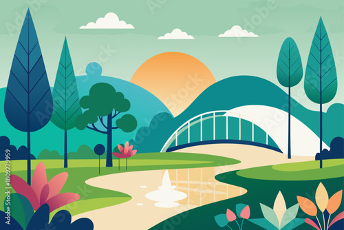 A vibrant summer nature landscape features green trees and rolling hills under a blue sky with white clouds and a bright sun over a peaceful meadow and winding river