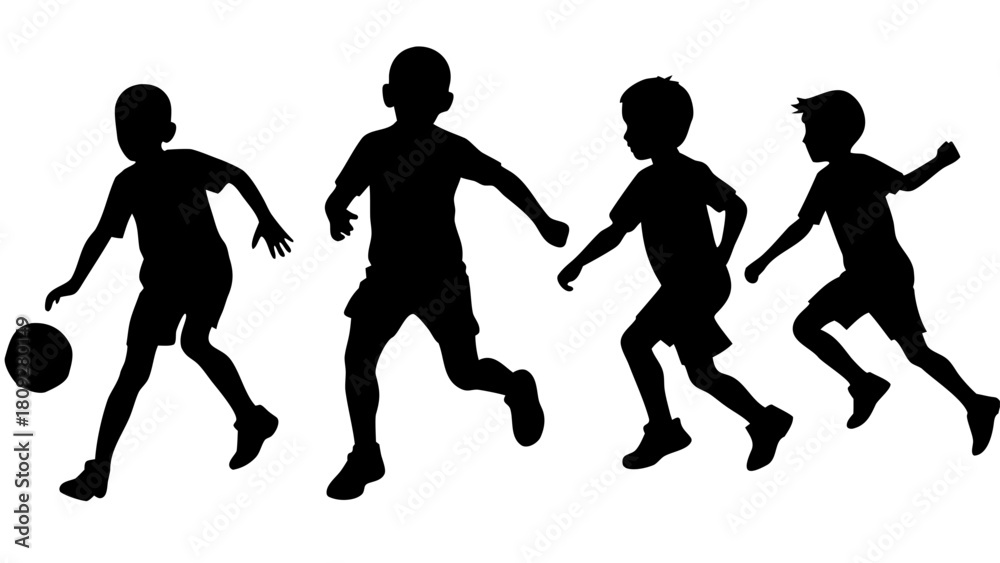 Fototapeta premium Silhouette of young boys playing soccer and running in a dynamic action scene representing childhood energy and teamwork on a white background perfect for sports themed designs