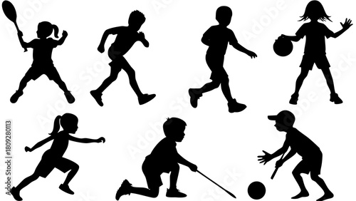 Silhouettes of children playing various sports like tennis running basketball and hockey against a white background showcasing childhood activity and healthy lifestyle choices