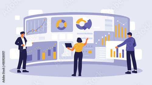 Business professionals analyzing complex data charts and graphs illustrating big data insights and strategic decision making with vibrant visualizations