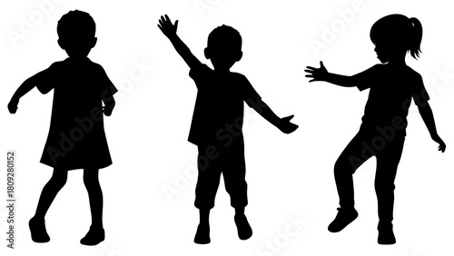 Playful silhouettes of children dancing and reaching in a joyful celebration against a white background creating a sense of childhood innocence and carefree movement