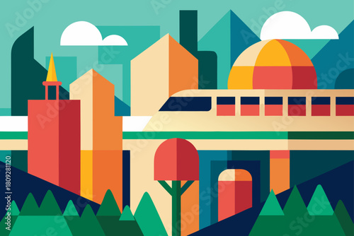 Vector illustration of a cartoon city landscape featuring urban buildings and office architecture under a sunny blue sky with clouds and green nature trees