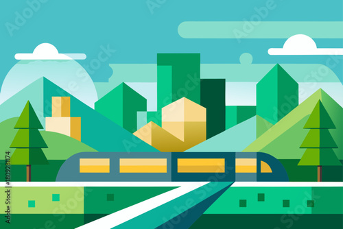 Urban street illustration concept: a cartoon landscape of city buildings and sky