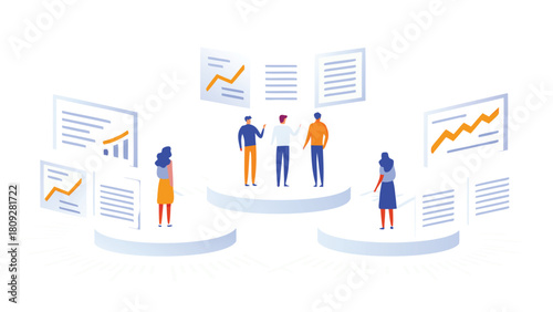 Diverse business team standing on colorful circular platforms symbolizing collaboration innovation and growth in a modern corporate environment