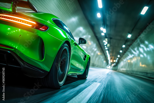 Aerodynamic green sports car racing through a tunnel