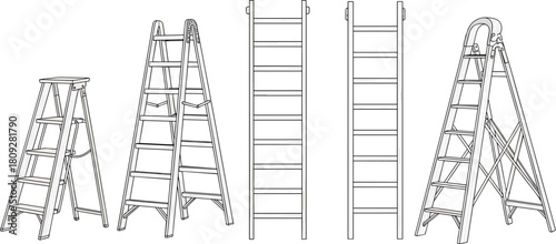 Line Art Ladder Types Comparison Featuring Step and Straight Designs for Construction UI, Safety Graphics, Utility Illustration, Access Equipment Assets