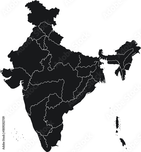 Black silhouette map of india with state borders, a south asian country, isolated on white background