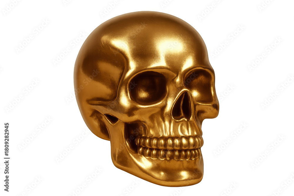 Obraz premium Golden human skull object against transparent background, representing death, wealth, power, and memento mori concept