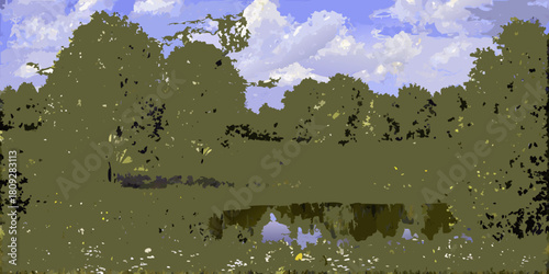 Serene lakeside view with trees and cloudy sky illustration