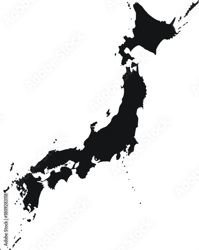 Japan map silhouette, a black outline of the east asian island nation isolated on white background