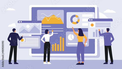 Diverse team collaborating in a modern office analyzing data on screens and charts fostering innovation and strategic planning
