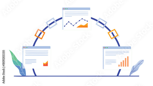 Corporate group analyzing multiple data screens showcasing business growth and financial performance with charts and graphs in a modern professional design