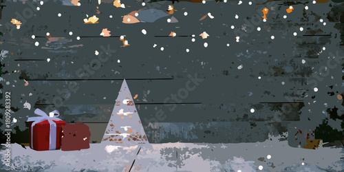 Abstract christmas scene with gifts and tree in a snowy landscape