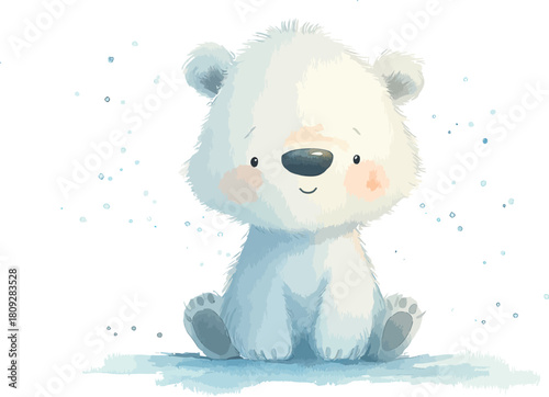 Delicate watercolor artwork showing a gentle baby polar bear rendered with soft snowy charm - vector illustration