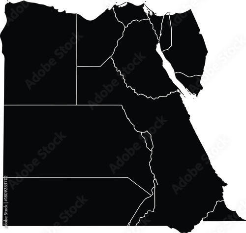 Map of egypt with administrative divisions, a black silhouette isolated on white background