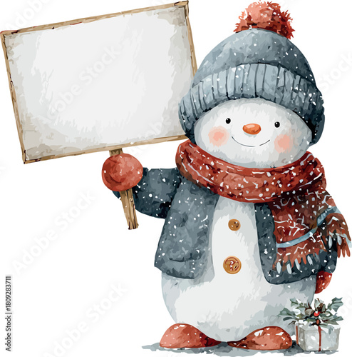Whimsical watercolor depiction of a cheerful cute snowman holding a blank board on a clean white backdrop - vector illustration