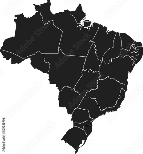 Map of brazil with administrative divisions, a black silhouette isolated on white background