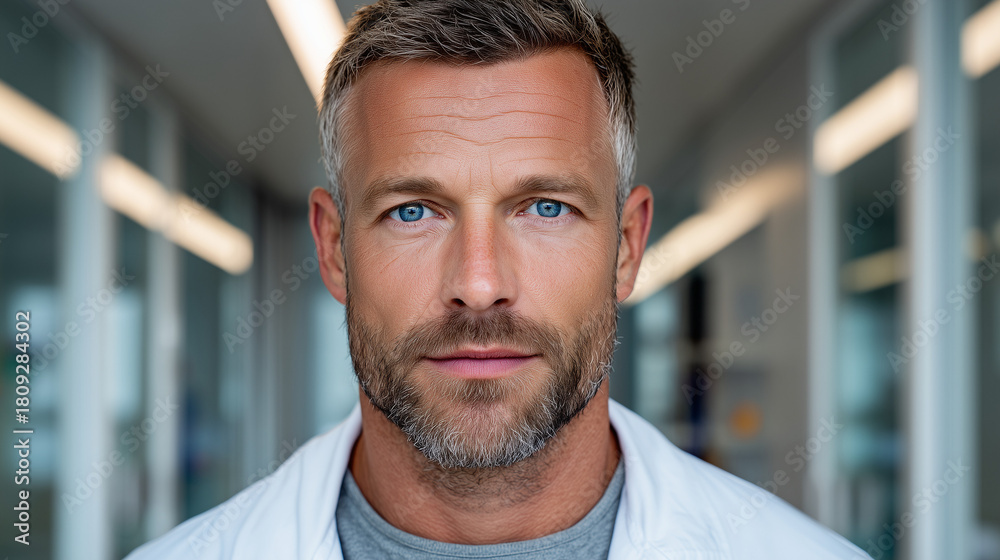 Fototapeta premium Portrait of Scientist in Minimal Futuristic Lab with Soft Light, Ultra-Realistic Detail