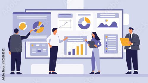 Data science team analyzing pie charts and graphs illustrating business intelligence and data visualization for strategic decision making and performance review