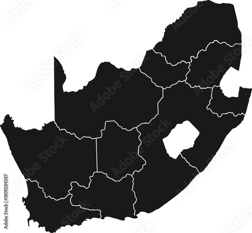 Black silhouette map of south africa with internal provinces, isolated on white background