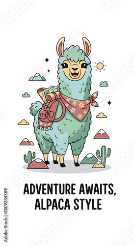 Charming llama character illustration dressed as an adventurer with a backpack, bandana, and map, standing amidst cacti, mountains, and sun, symbolizing readiness for journey