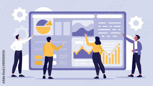 Diverse team collaborates on data visualization adjusting charts and graphs to understand complex information for business insights and strategic planning