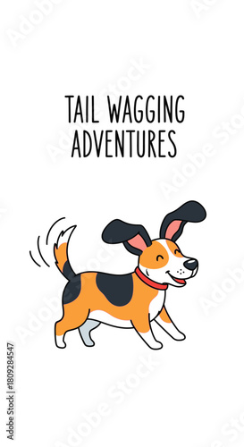 Happy dog running with tail wagging, enjoying outdoor adventures, playful pet illustration in flat cartoon style on white background, beagle puppy having fun
