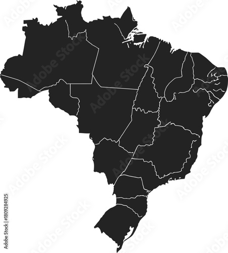 Brazil map silhouette with states and federal district boundaries, isolated on white background