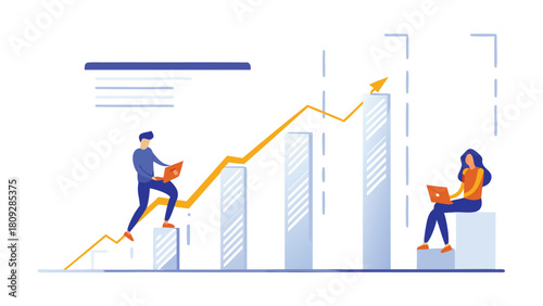 Digital vector illustration of business analysts collaborating and studying data on a digital interface showcasing teamwork and strategic planning