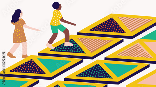 Stylized figures in motion a dynamic flat design composition showcasing individuals stepping forward created with a vibrant color palette and clean vector graphics