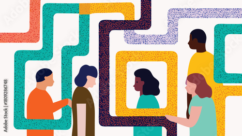 Flat digital art banner featuring diverse people navigating a vibrant colorful maze symbolizing problem solving teamwork and exploration in a modern abstract setting